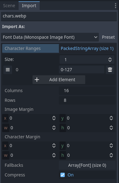 Import options to use for the above example font