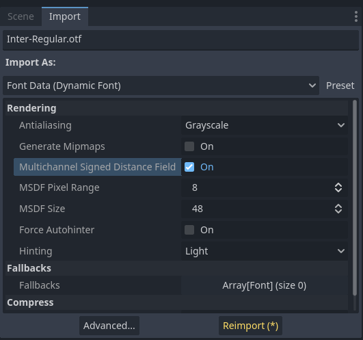Enabling MSDF in the font's import options