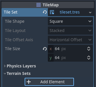 在（TileMap 节点的）TileSet 资源检查器中创建地形集