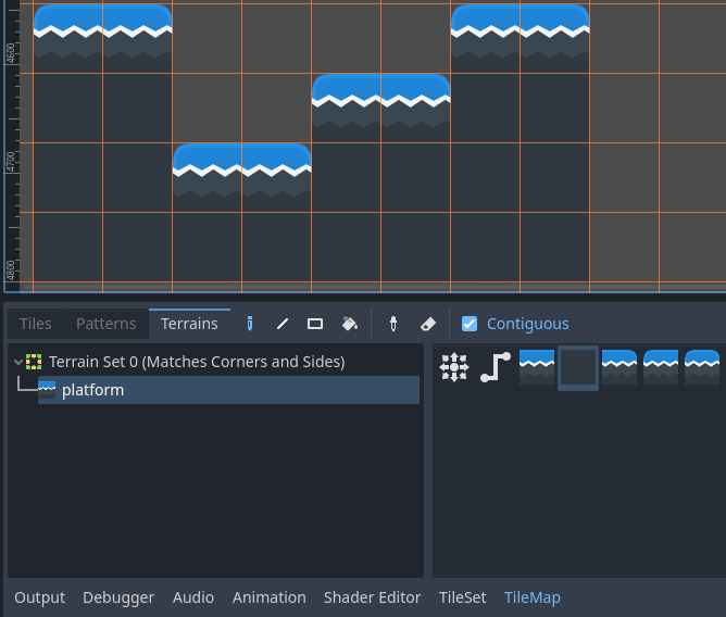 在 TileMap 編輯器的 Terrains 標籤中使用特定圖塊進行繪畫