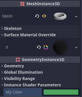 在屬性檢視器的 GeometryInstance3D 區塊設定 per-instance uniform 的值