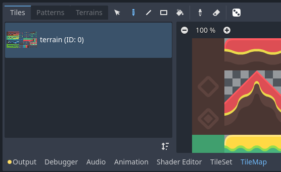 在編輯器底部開啟 TileMap 面板。必須先選擇 TileMapLayer 節點。