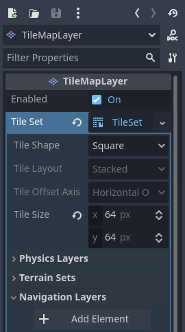 在 TileSet 資源屬性檢視器 (在 TileMapLayer 節點內部) 中建立導航圖層