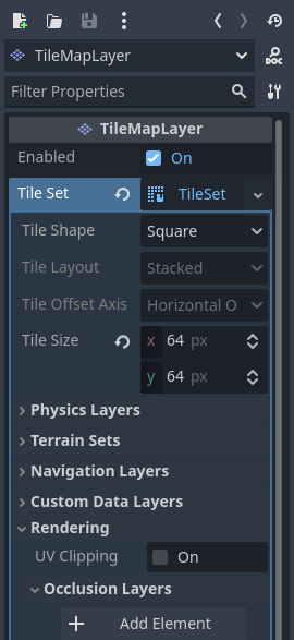 在 TileMapLayer 節點內的圖塊集資源屬性檢視器中建立遮擋圖層