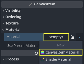 在粒子節點屬性面板最下方建立一個 CanvasItemMaterial