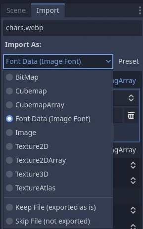 將匯入類型改為 Font Data (Image Font)