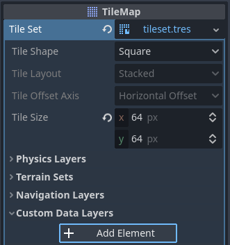 在（TileMap 節點的）TileSet 資源屬性面板中建立自訂資料層