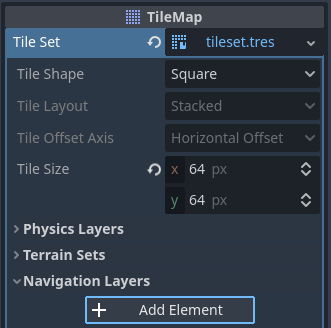 在 TileSet 資源屬性面板（TileMap 節點內）中建立導覽層